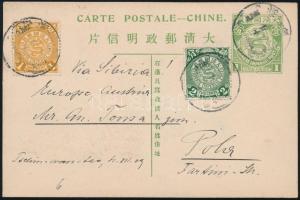 1909 Díjkiegészített díjjegyes levelezőlap egy osztrák-magyar tengerésztiszttől Polára, "TSCHIN...