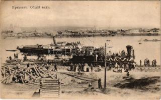 Irkutsk, railway line opening ceremony with decorated locomotive, train, steamship (EK)