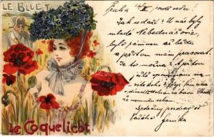 1900 Le Bluet, le Coquelicot. J. W. Heeg No. 240. / French lady art postcard. Art Nouveau, floral, l...