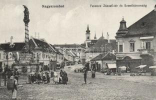 Nagyszombat Franz Joseph square and Trinity monument with the shop of the Tausky brothers