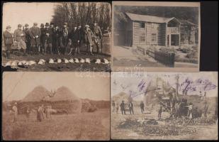 4 db régi fotólap, közte vadászati és mezőgazdasági témájú felvételek, változó állapotban, 9x14 cm é...