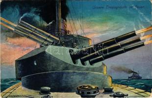 1916 Unsere Dreadnought im Feuer / WWI Austro-Hungarian Navy, K.u.K. Kriegsmarine art postcard, batt...