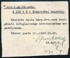 1940 Szatmárnémeti Visszatért alkalmi bélyegzések állandó kimaradási engedély hátoldalán