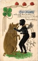 Prosit Neujahr! / New Year greeting art postcard with chimney sweeper and pig. No. 237. Art Nouveau,...
