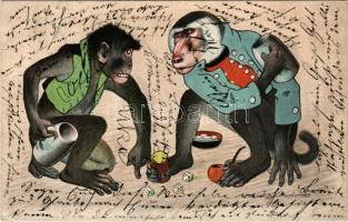 1904 Monkeys playing with dice, humour art postcard. Mixt. Serie 224. 6 Dess. s: Lothar Meggendorfer...