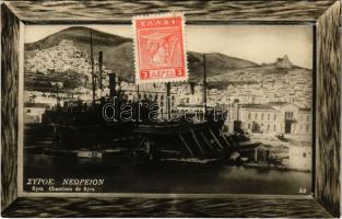 Syros, Syra; Chautiers. F. Caloutas / port, ships. TCV card + "Konstantin Koukias" (pinhol...