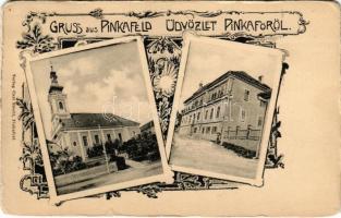 1906 Pinkafő, Pinkafeld; templom, iskola. Carl Strobl kiadása, szecessziós-virágos keret / church, s...