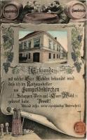 Gumpoldskirchen, Rathaus-Keller / inn. Art Nouveau montage frame wth men drinking, barrels and grape...
