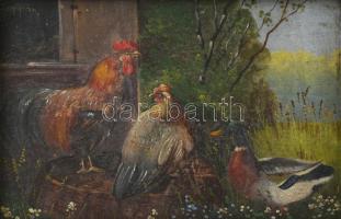 Zsuppán jelzéssel, XX. sz. első fele: Kakas és kacsa. Olaj, karton. Dekoratív, sérült fakeretben, 10...