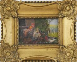 Zsuppán jelzéssel, XX. sz. első fele: Kakas és kacsa. Olaj, karton. Dekoratív, sérült fakeretben, 10...