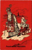 1935 Pozdrav od Mikuláse / Saint Nicholas with angel on a sled art postcard (EB)