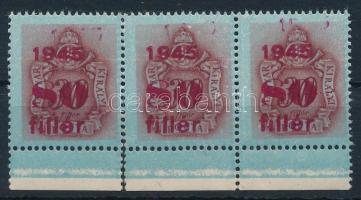1945. Kisegítő portó 80f/30f ívszéli hármascsík kettős felülnyomással / Postage due Mi. 172 margin s...
