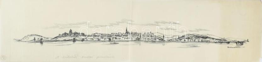 Gebhardt Béla (1901-1990): A békebeli budai panoráma, 1940-es évek. Tus, hártyapapír. Jelzett. Közepén hajtásnyommal. 14x57 cm