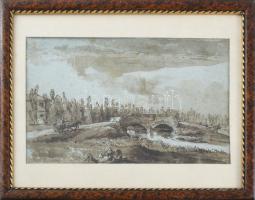 Jelzés nélkül, feltehetően XIX. sz. művész: Emberek a tájban. Tus, papír. Üvegezett fakeretben. 17x28 cm