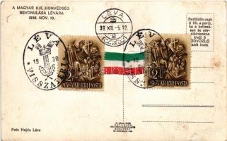 1938 Léva, Levice; bevonulás, automobil, német katonák, hátoldalon magyar zászlós szalag és visszaté...