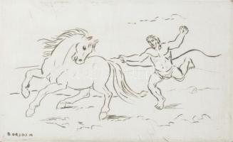 Borsos Miklós (1906-1990): Lovat betörő. Hidegtű, papír, jelzett, számozott (32/100), 19x29,5 cm. Üv...