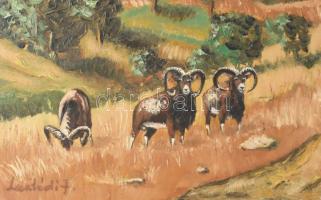 Lantódi jelzéssel: Muflonok. Olaj, farost. 40x49,5 cm