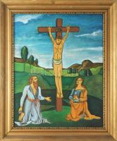 Olvashatatatlan jelzéssel: Krisztus a Kereszten. Olaj, karton. Dekoratív, kissé sérült fakeretben. 5...