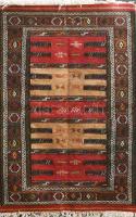 Török kilim gyapjú szőttes, geometrikus alapmotívumon stilizált naív díszítéssel, 183x100 cm, jó áll...
