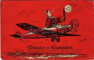 1933 Gruss vom Krampus / Krampusz repülőgépen virgáccsal és hölggyel, Hold / Krampus with airplane, ...