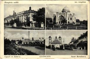 1940 Gyöngyös, Hungária szálloda, Országzászló, Izraelita templom, zsinagóga, Újpark és Zalár utca, ...