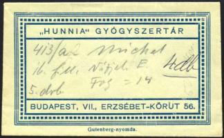 ca 1930 Hunnia gyógyszertár receptboríték