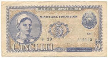 Románia 1952. 5L "r 39 312145" T:VG nagyobb szakadás
Romania 1952. 5 Lei "r 39 31214...