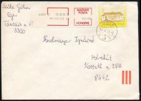 1990 Levél számítógépes felvevő munkahely provizórikus bérmentesítési jegyével, bélyeges díjkiegészí...