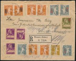 1921 Ajánlott levél 15 db bélyeggel, továbbküldve / Registered cover with 15 stamps, redirected &quo...