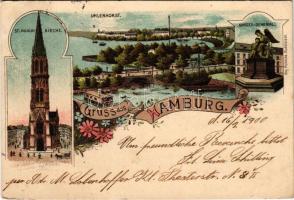 1900 Hamburg-Uhlenhorst, St. Nicolai Kirche, Krieger-Denkmal. Aug. Heinecke / church, view, military...