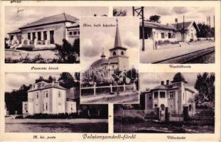 1933 Zamárdi, Balatonzamárdi; Pannonia kioszk, vasútállomás, M. kir. posta, Római katolikus kápolna,...