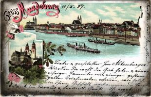 1897 Magdeburg, Dom / view, steamship, cathedral. Art Nouveau, floral, litho (small tear)
