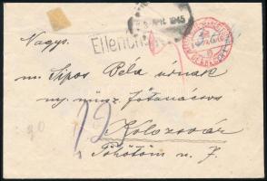 1945.04.18. Korai külföldre küldött levél készpénzzel bérmentesítve Kolozsvárra, cenzúra bélyegzésse...