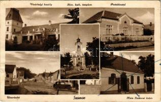 1942 Szomor (Tatabánya), Vásárhelyi kastély, Római katolikus templom, Postahivatal, utca részlet, au...