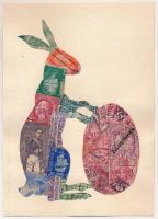 Húsvéti nyúl. Bélyegekből kivágott és összeragasztott képeslap. Budai nyomda / Easter rabbit. Made o...