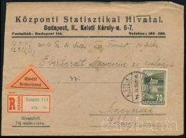1948 Ajánlott utánvételes levél, hivatalból díjátalányos, az utánvétel díja Repülő 70f bélyeggel leróva; nagyon ritka bérmentesítés!