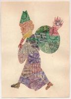 Mikulás. Bélyegekből kivágott és összeragasztott képeslap. Budai nyomda / Saint Nicholas. Made out o...