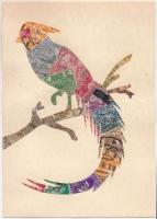 Papagáj. Bélyegekből kivágott és összeragasztott képeslap. Budai nyomda / parrot. Made out of stamps