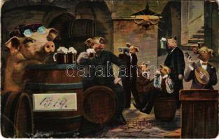 1914 Boldog Újévet! Söröző malacok / New Year greeting art postcard with pigs drinking beer (EB)
