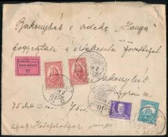 1930 Értéklevél 8,18P bérmentesítéssel, köztük Keskeny Madonna 4 x 2P is, \"BUDAPEST\" - Bakonybél / Insured cover with 8,18P franking including 4 x Mi 428, \"BUDAPEST\"