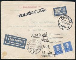 1933 Légi levél a címzettnek utánküldve, "BUDAPEST" - "PRAHA"