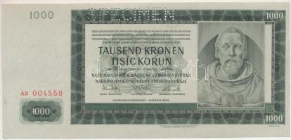 Német Harmadik Birodalom / Cseh-Morva Protektorátus 1942. 1000K "Ab 004559", "SPECIME...