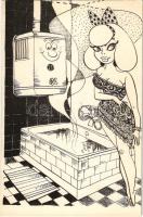 Hölgy a fürdőszobában, humoros grafika / lady in the bathroom, humour graphic art postcard (hullámos...