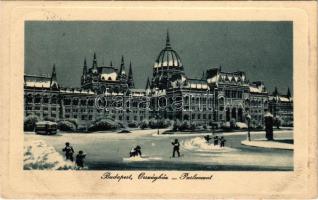 1911 Budapest V. Parlament, Országház télen, villamos, hógolyózó gyerekek (EK)