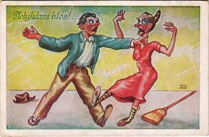 Pletykázni tilos! / Hungarian humorous card, husband and wife s: Kaszás Jámbor (EB)