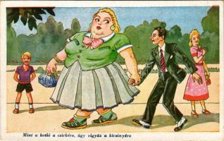 Mint a kotló a csirkére, úgy vigyáz a kicsinyére / Hungarian marriage humour, fat lady