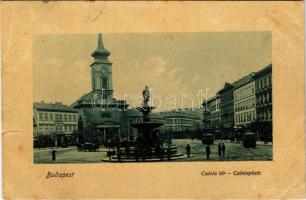 1910 Budapest VIII. Kálvin tér, villamos, templom, üzletek (szakadás / tear)