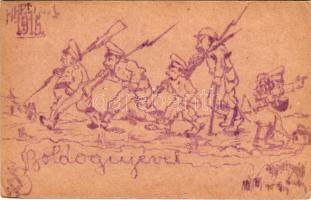 1915 Egyedi, kézzel rajzolt első világháborús osztrák-magyar tábori postai levelezőlap / hand-drawn ...