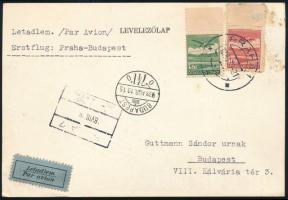 1938 Levelezőlap a Prága-Budapest első légiposta járatról / Airmail cover from the first Prague-Budapest flight