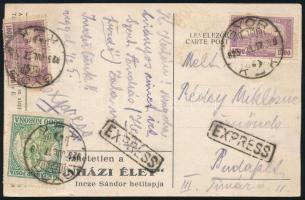 1925 Expressz képeslap 7.000K bérmentesítéssel Győrből Budapestre / Express postcard with 7.000K fra...